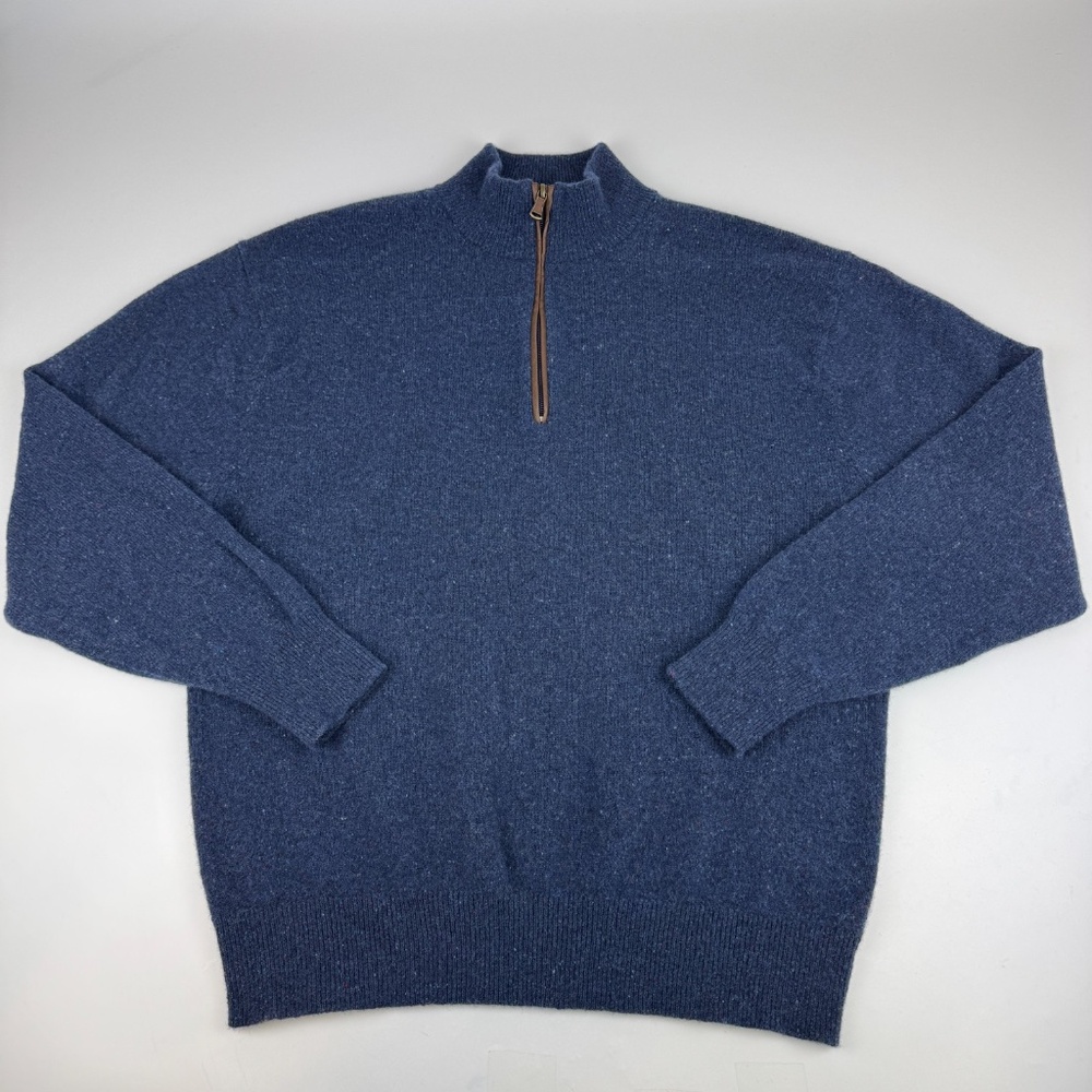 Orvis Mens Size XL 100% Wool 1/4 Zip Sweater Blue W/ Multi color